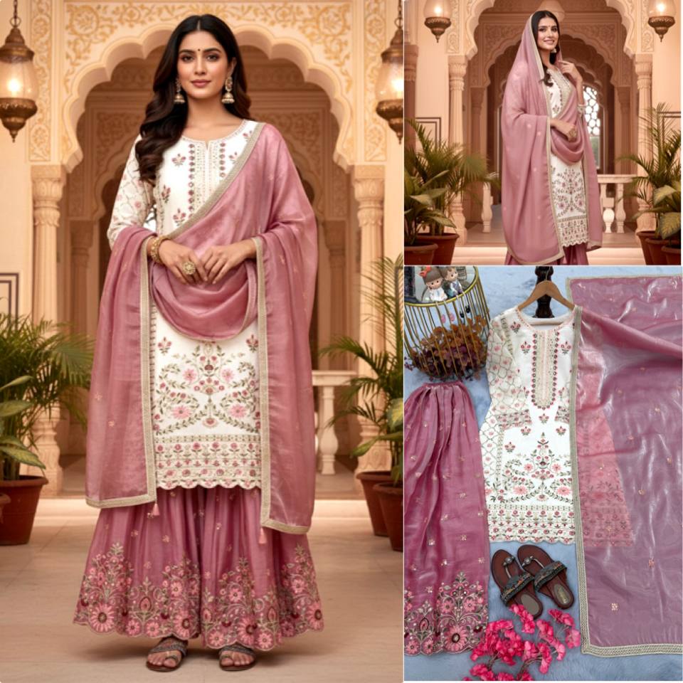 Gorgeous Pink Silk Palazzo Suit With Embroidery Work