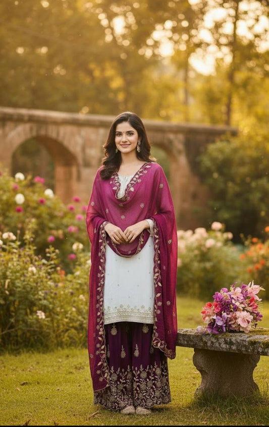 Captivating Magenta Silk Embroidery Work Sharara Suit