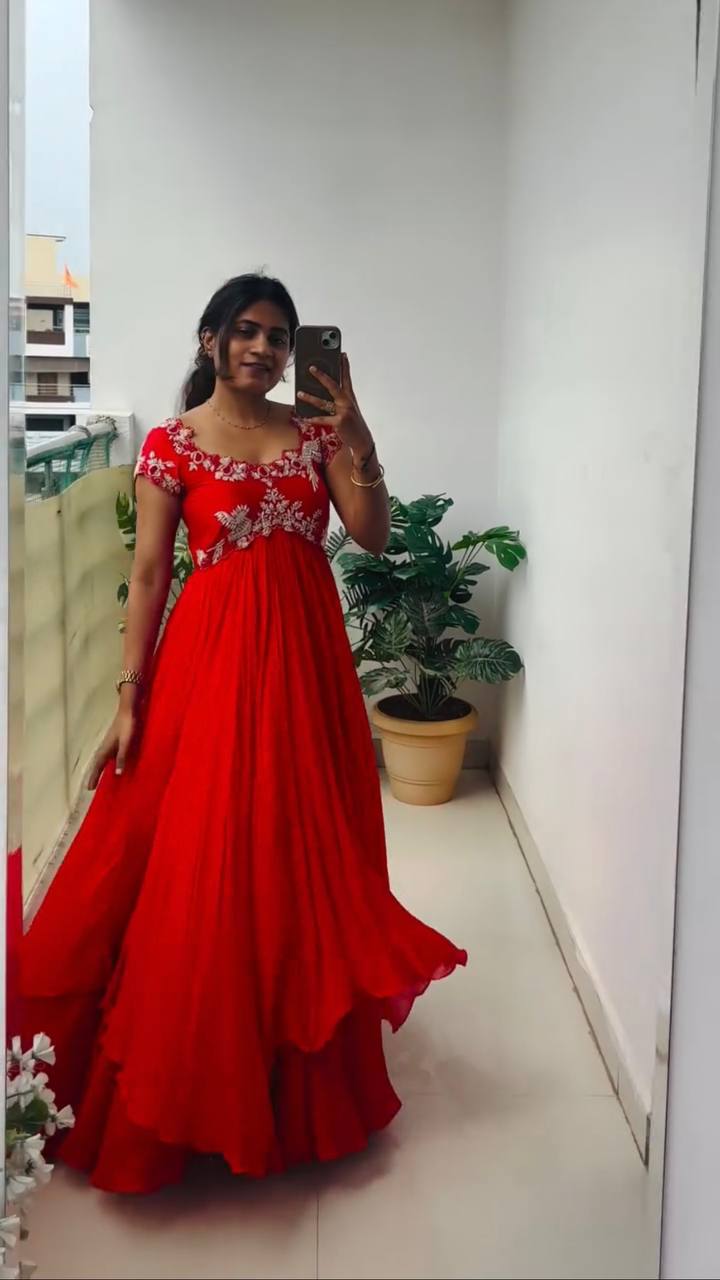 Elegant Red Georgette with Embroidery Sequins Work Gown