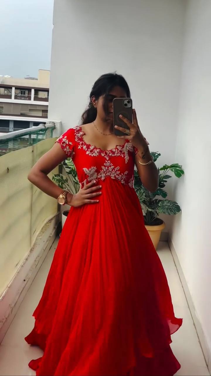 Elegant Red Georgette with Embroidery Sequins Work Gown
