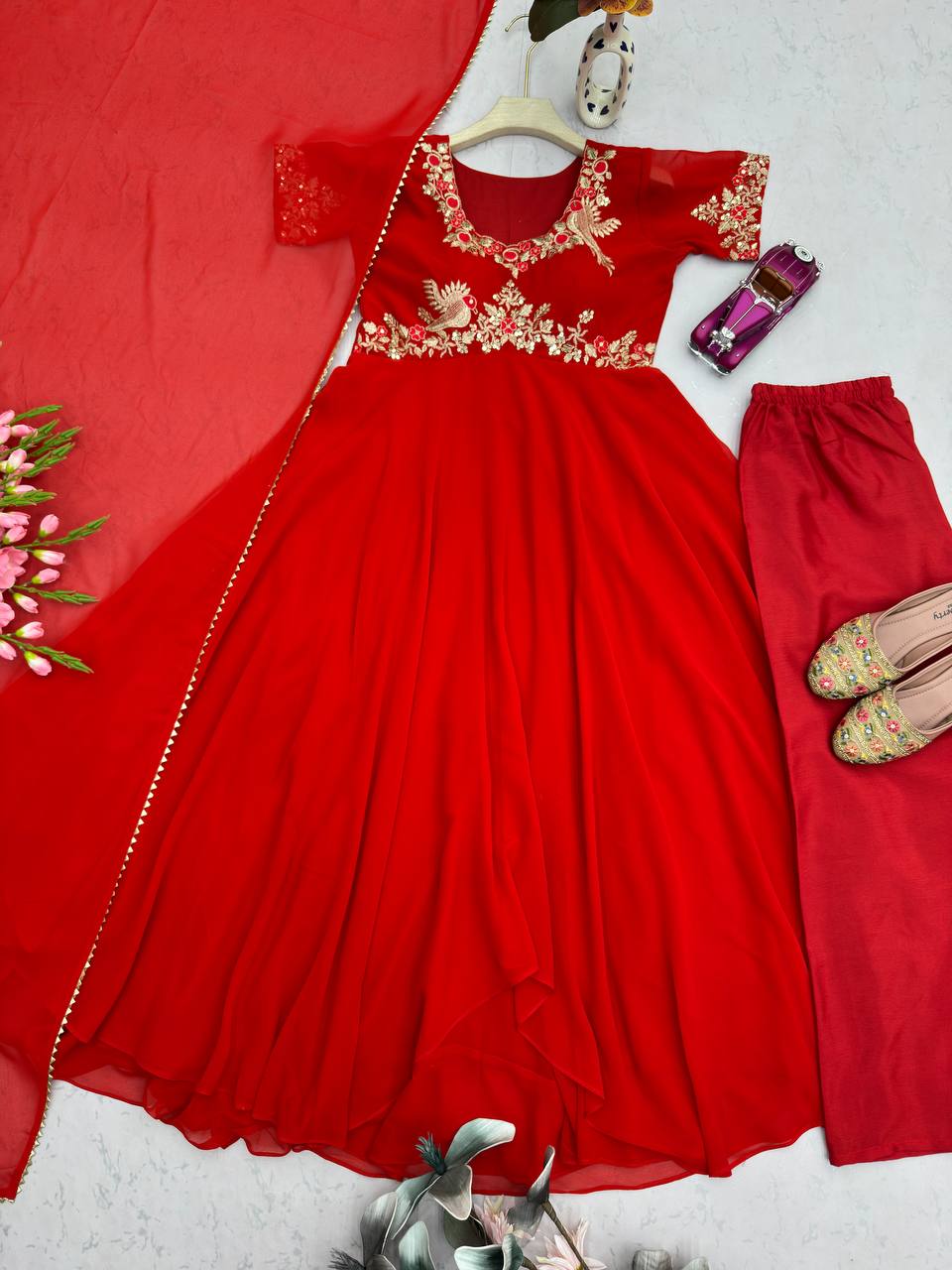 Elegant Red Georgette with Embroidery Sequins Work Gown