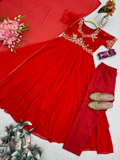 Elegant Red Georgette with Embroidery Sequins Work Gown