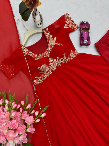 Elegant Red Georgette with Embroidery Sequins Work Gown