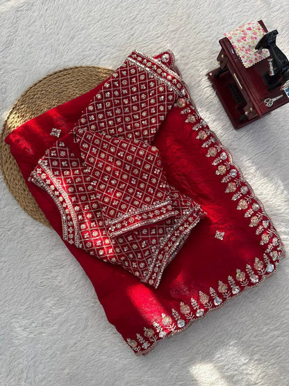 Gorgeous Red Fendy Silk with Beds Work Saree