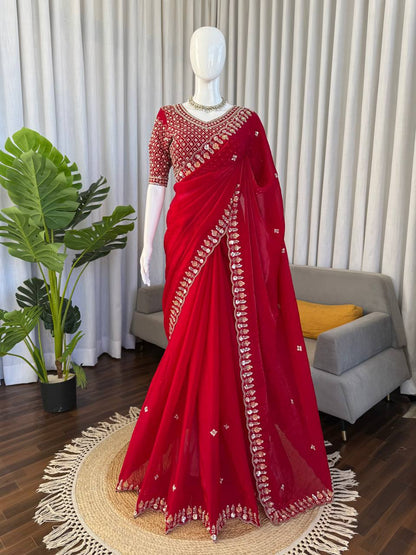 Gorgeous Red Fendy Silk with Beds Work Saree