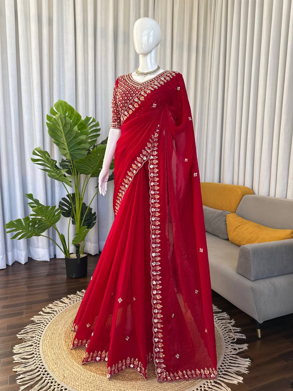 Gorgeous Red Fendy Silk with Beds Work Saree
