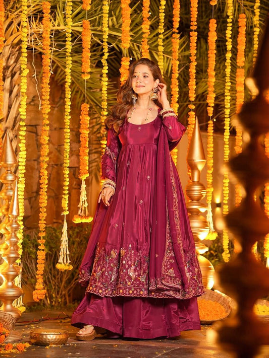 Lovely Maroon Crep Silk with Embroidery Anarkali Suit