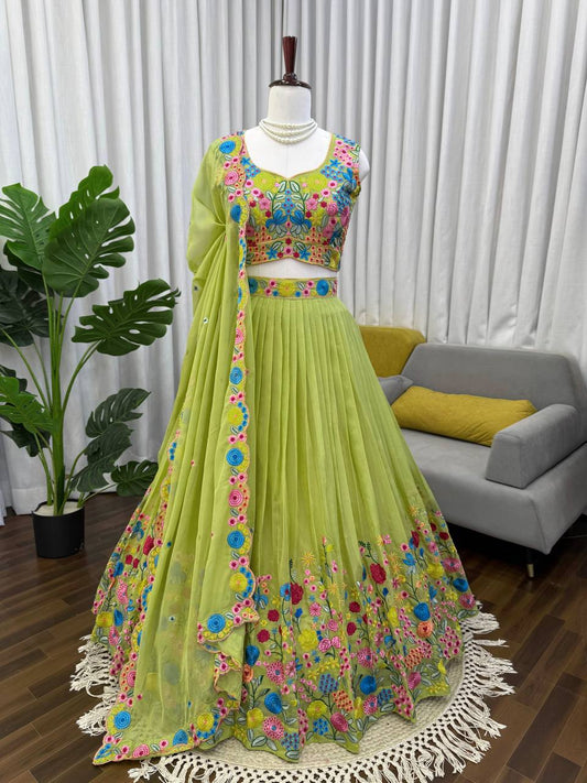 Amazing Green Tabby Organza Silk Thread with Sequence Lehenga