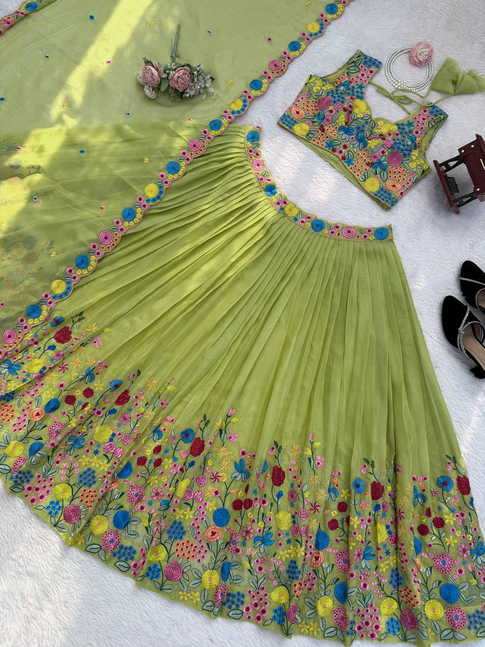 Amazing Green Tabby Organza Silk Thread with Sequence Lehenga