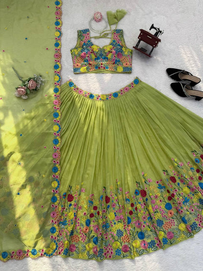 Amazing Green Tabby Organza Silk Thread with Sequence Lehenga