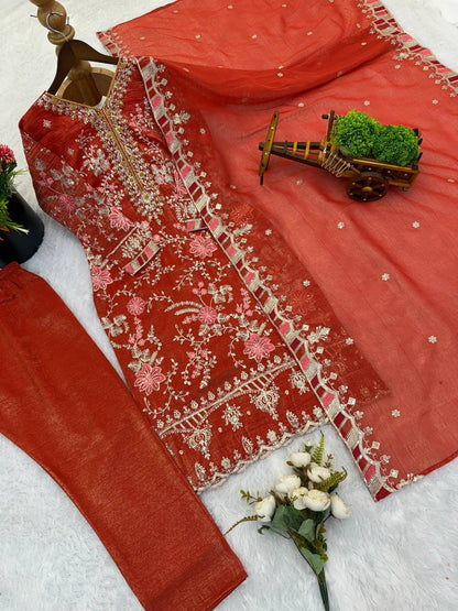 Stunning Red Crunchy Silk Embroidery Sequence Work Palazzo Suit
