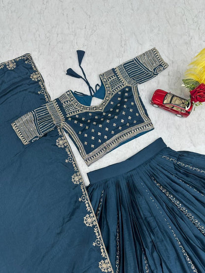 Innovative Blue Chinon Embroidery Work Lehenga Choli