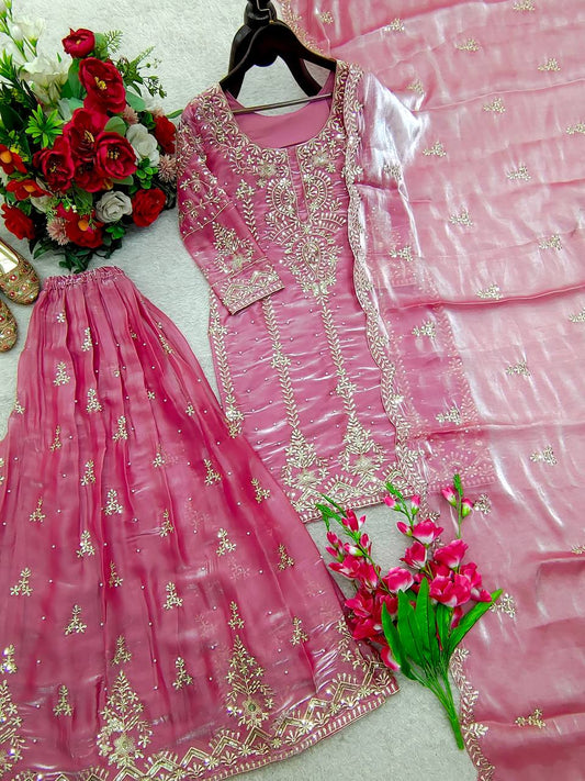 Beautiful Pink Color Sequence Moti Work Sharara Suit