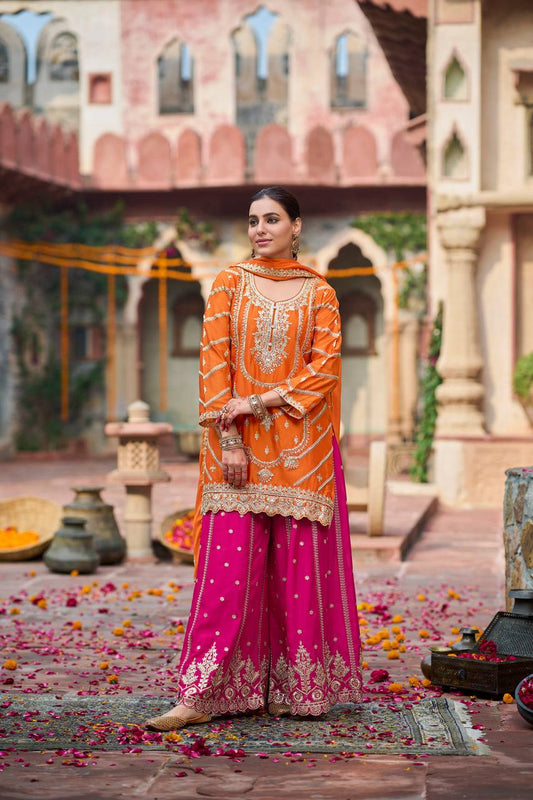 Charming Orange Thread and Sequence Work Sharara Suit