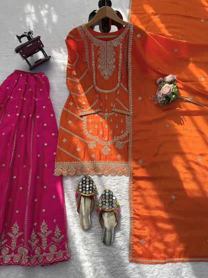 Charming Orange Thread and Sequence Work Sharara Suit