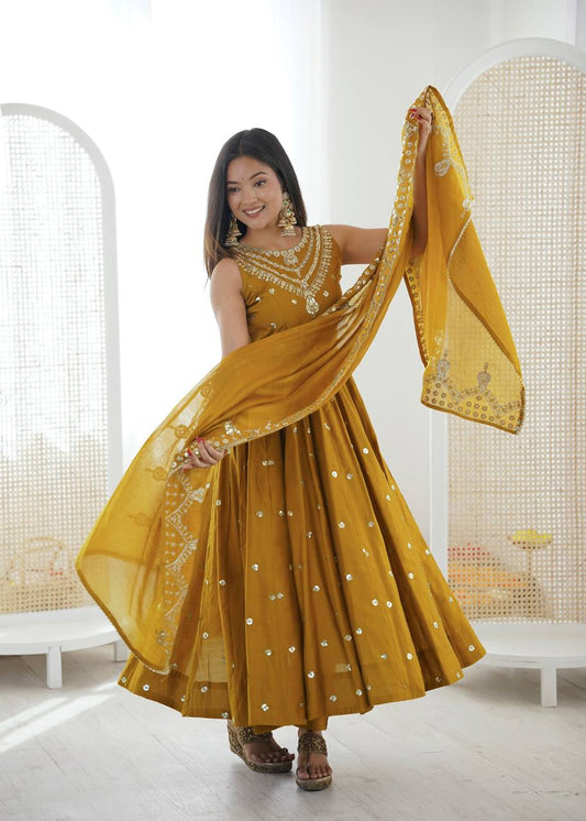 Amazing Mustard Roman Silk with Embroidery Sequence Work Anarkali Gown