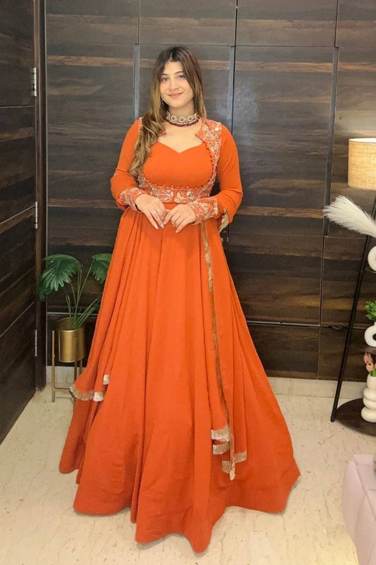 Gorgeous Orange Georgette Embroidery Anarkali Dress