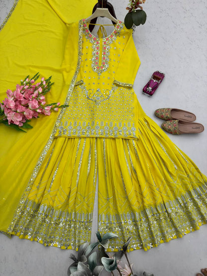 Trendy Yellow Georgette with Sequins Work Sharara Suit
