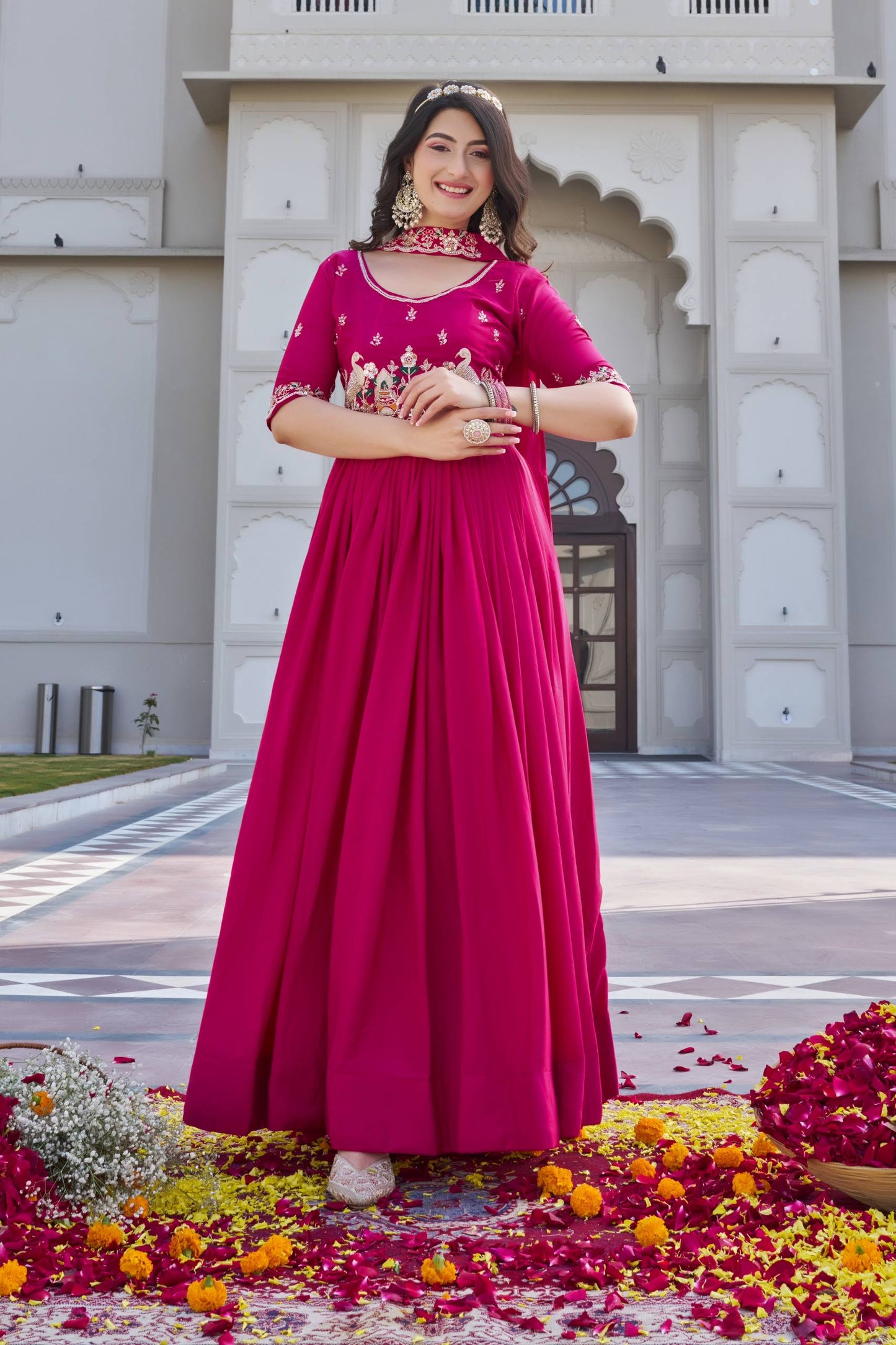 Lovely Pink Crepe Silk with Heavy Embroidery Work Gown