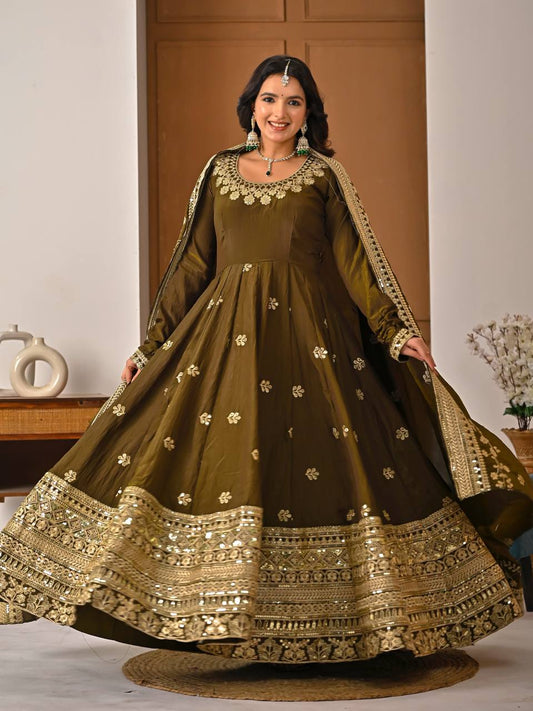 Exclusive Olive Vichitra Silk with Sequence Work Anarkali
