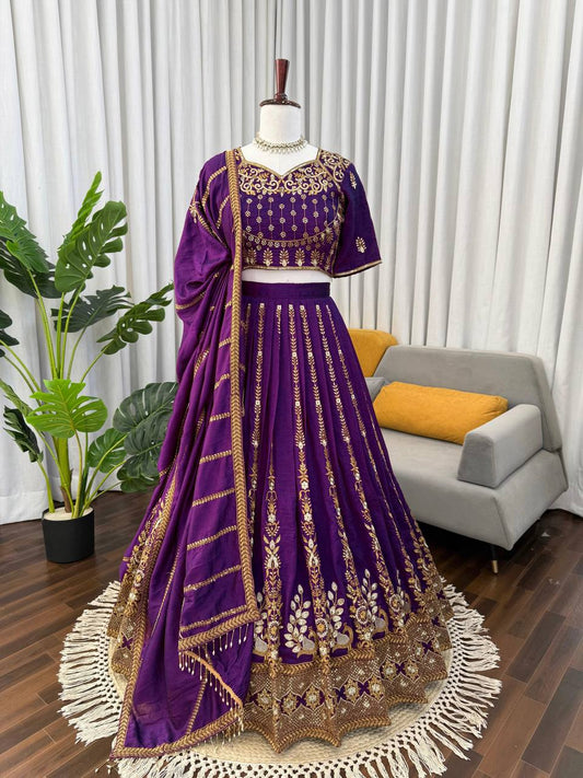 Gorgeous Purple Vichitra Silk with Thread and Sequence Work Lehenga
