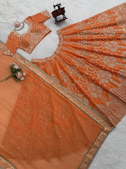 Marvelous Orange Foux Georgette with Thread and Sequence Work Lehenga