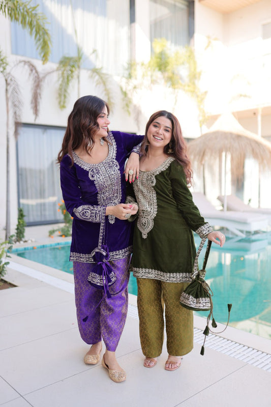 Beautiful Green Velvet with Zari Coding Embroidered Sharara Suit