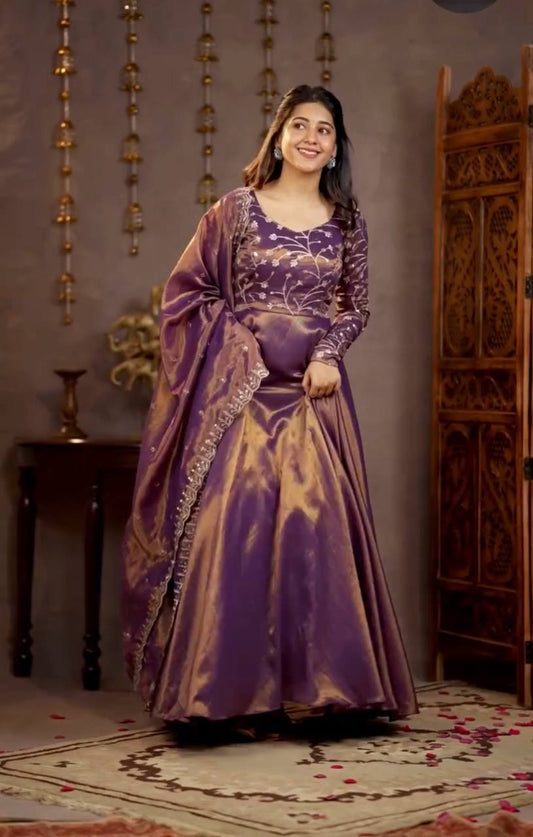 Elegant Purple Heavy Cosmos Silk Embroidery Sequence Anarkali