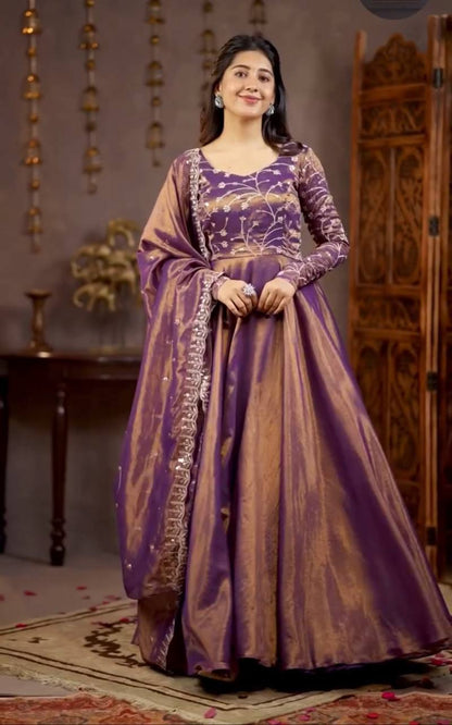Elegant Purple Heavy Cosmos Silk Embroidery Sequence Anarkali