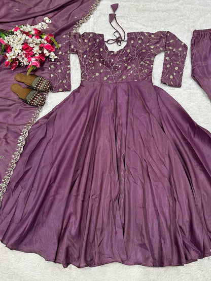 Elegant Purple Heavy Cosmos Silk Embroidery Sequence Anarkali