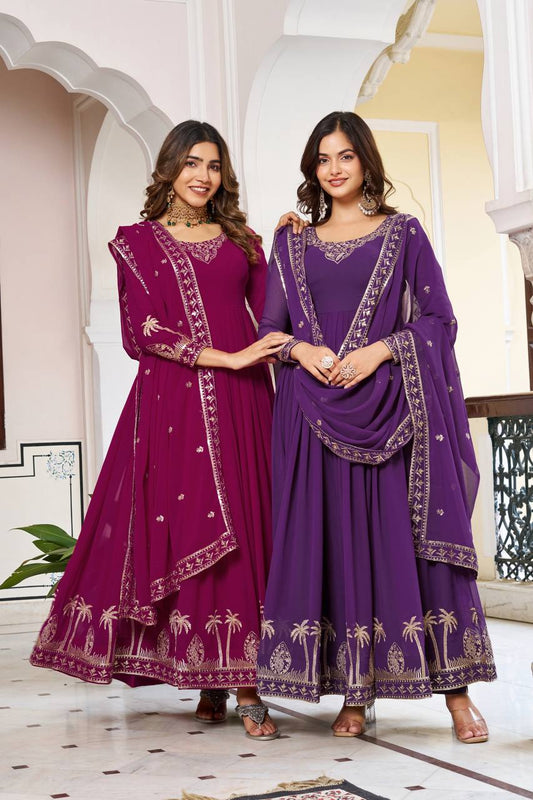 Elegant Purple Faux Georgette Thread Work Gown