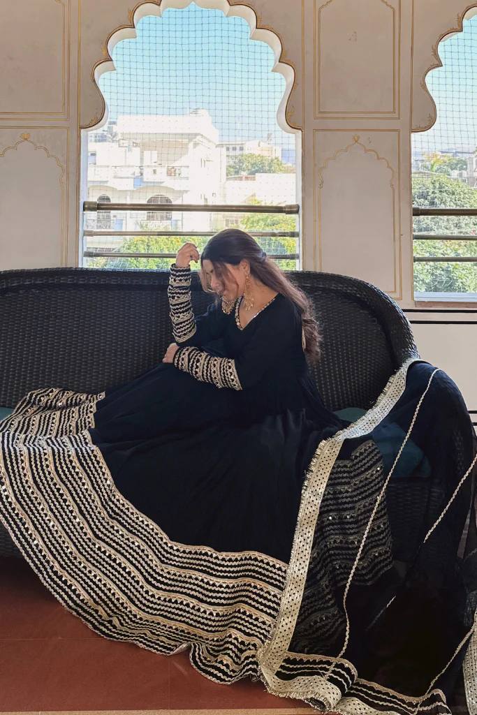 Elegant Black Rayon with Embroidered Work Gown