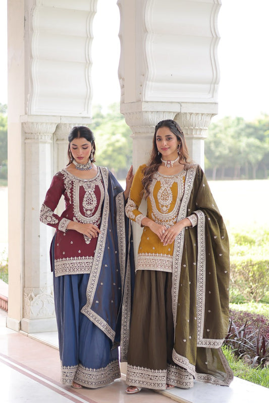 Stylish Mehndi and Blue Nc Silk Embroidered Sharara Suit