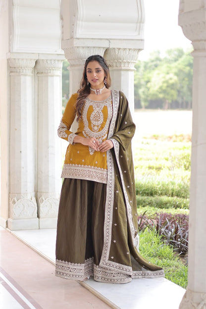 Stylish Mehndi and Blue Nc Silk Embroidered Sharara Suit