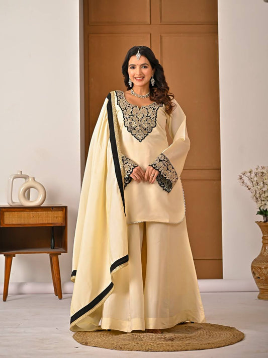 Amazing Cream Heavy Roman Silk Embroidery Sharara Palazzo