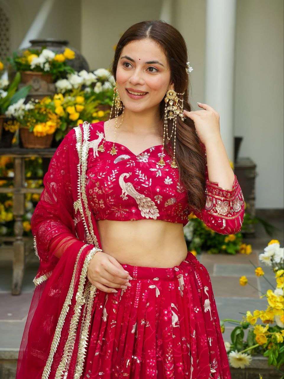 Stunning Red Faux Georgette Embroidery Lehenga Choli