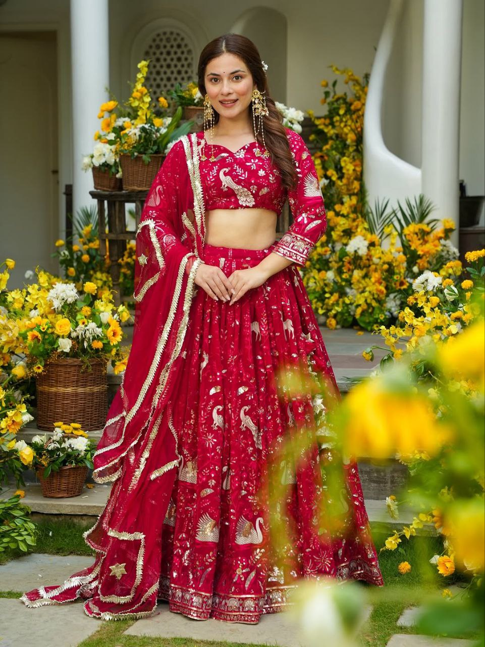 Stunning Red Faux Georgette Embroidery Lehenga Choli