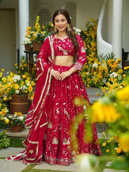 Stunning Red Faux Georgette Embroidery Lehenga Choli