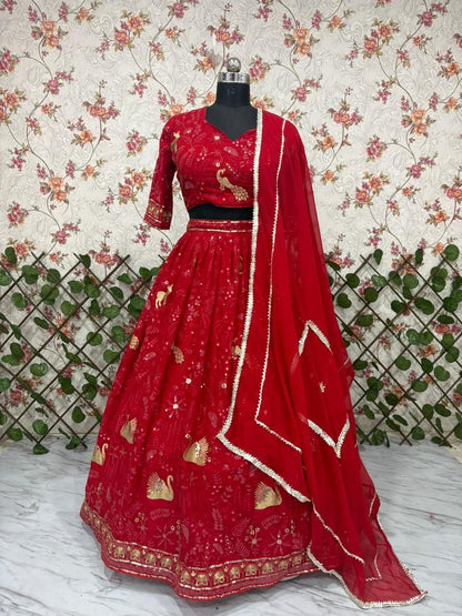 Stunning Red Faux Georgette Embroidery Lehenga Choli