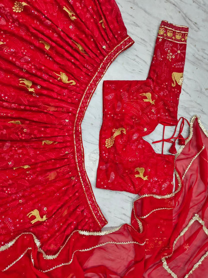 Stunning Red Faux Georgette Embroidery Lehenga Choli