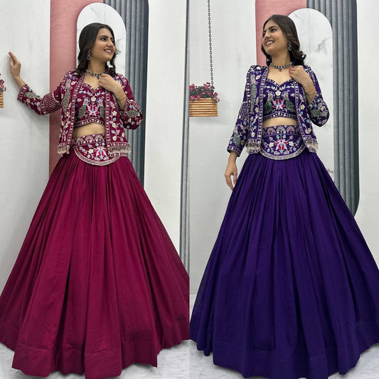 Ceremony Wear Vichitra Silk Heavy Thread Work Lehenga