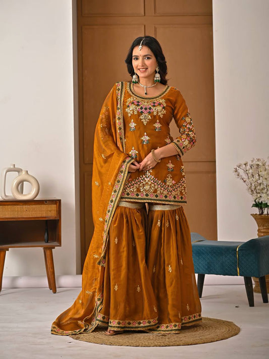 Lovely Brown Silk with Embroidery Work Sharara Suit