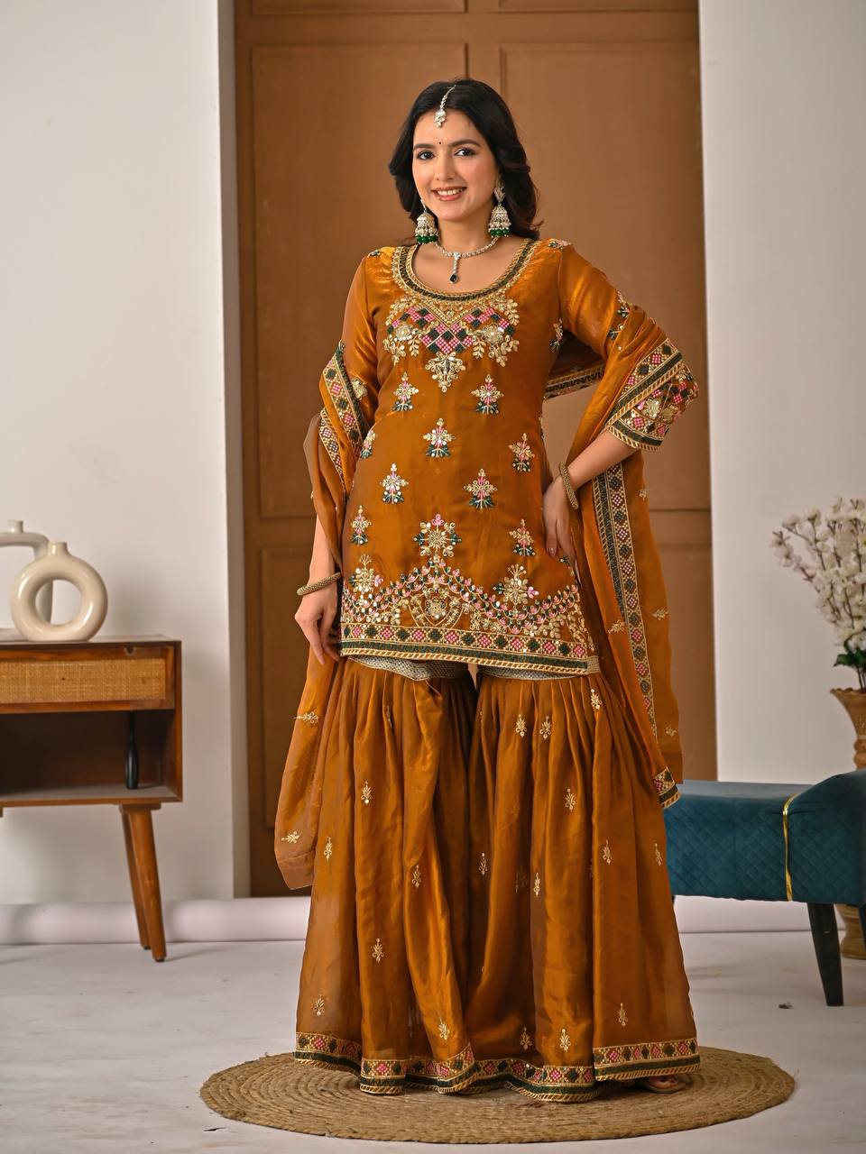 Lovely Brown Silk with Embroidery Work Sharara Suit