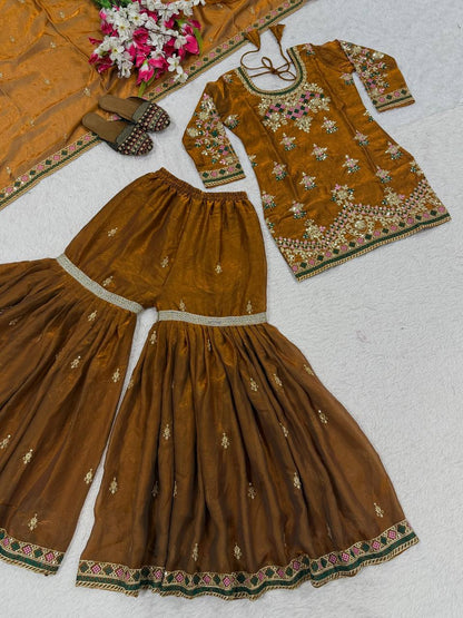 Lovely Brown Silk with Embroidery Work Sharara Suit