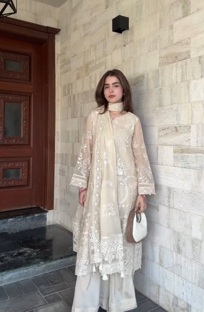 Amazing Off White Embroidered Georgette Palazzo Suit