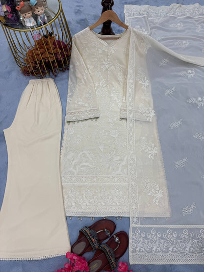 Amazing Off White Embroidered Georgette Palazzo Suit