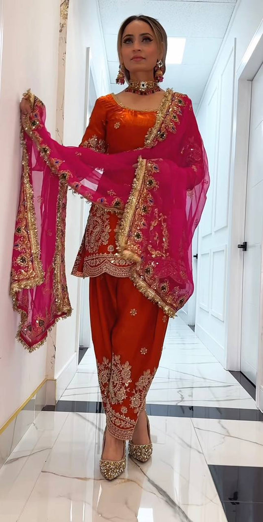 Stunning Orange Heavy Fandy Crushi Silk Embroidery Work Sharara Suit