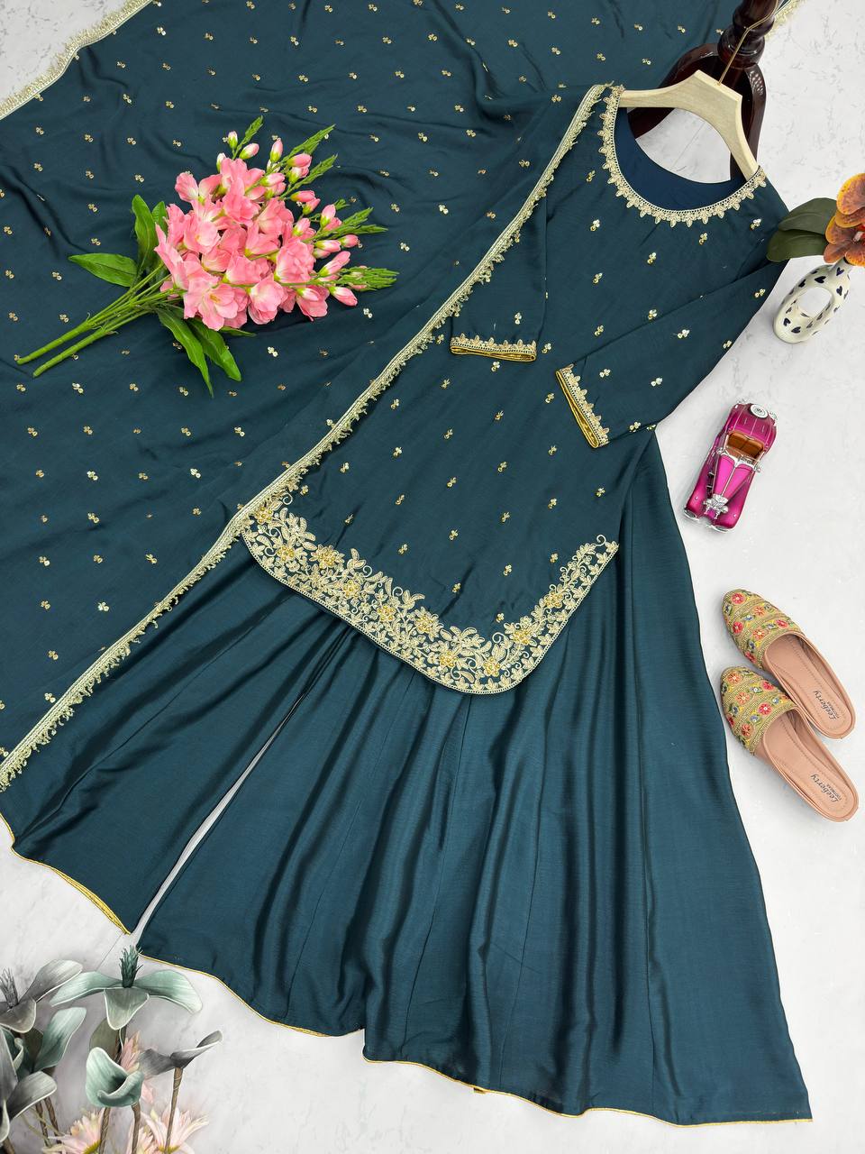 Exclusive Heavy Chinon Silk Embroidery Work Sharara Suit