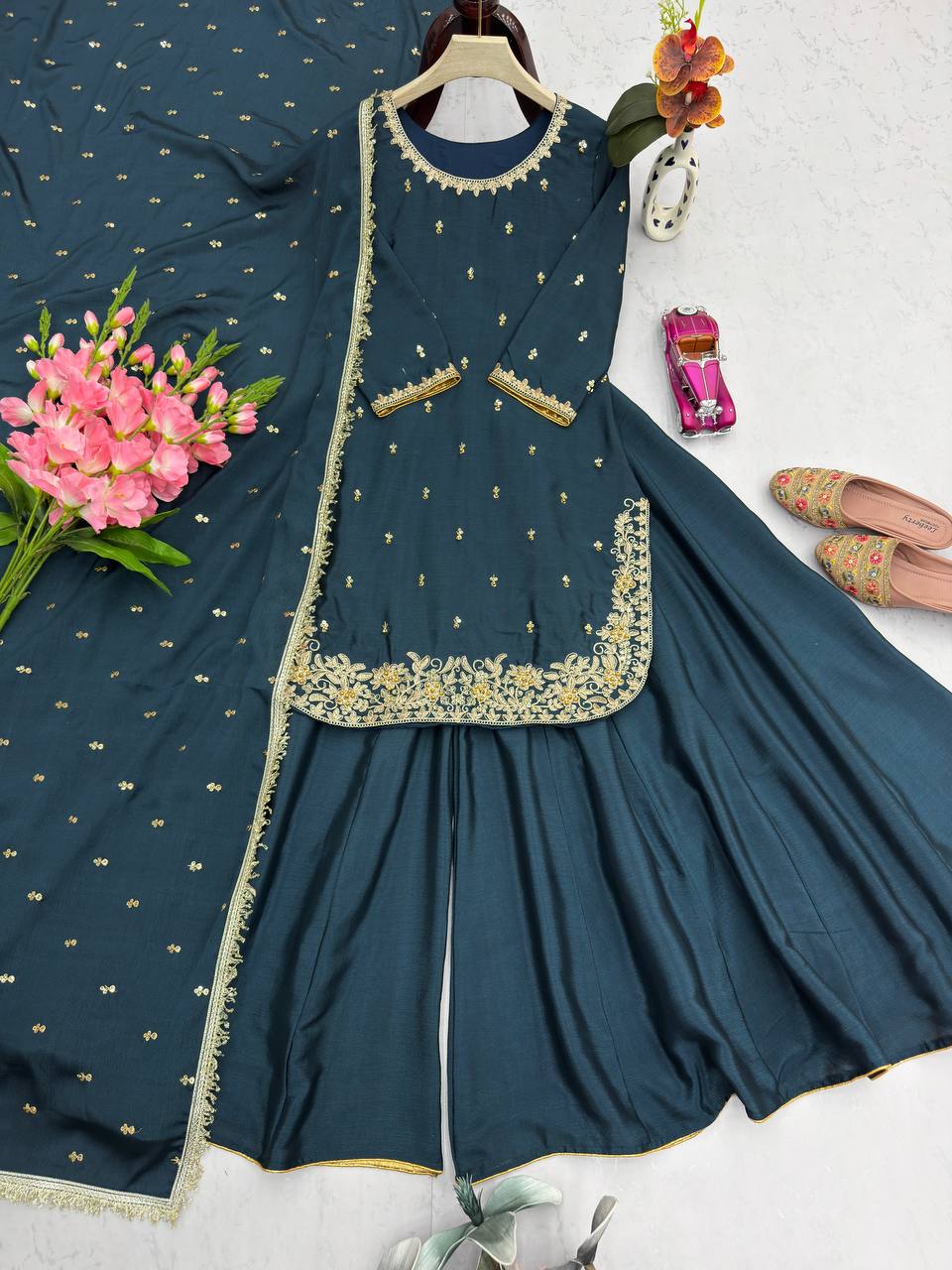 Exclusive Heavy Chinon Silk Embroidery Work Sharara Suit