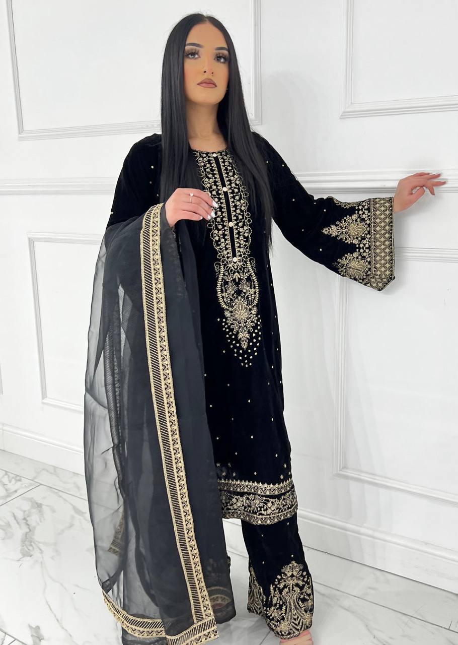Winter Special Black and Blue Velvet Sharara Suit